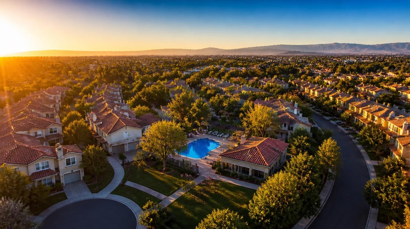 Golden-hour aerial view of a well-kept residential community with a pool and clubhouse