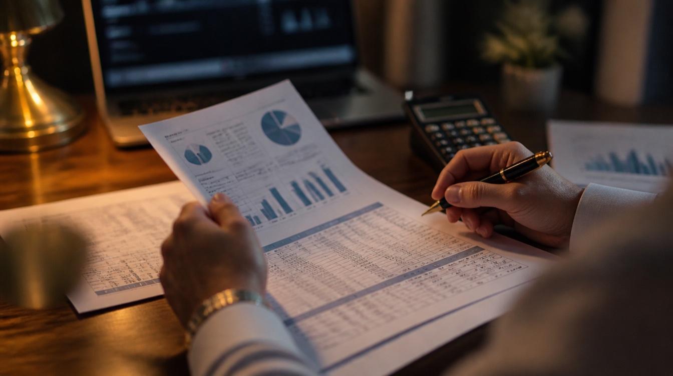 Reviewing a community's monthly financial statements at a desk