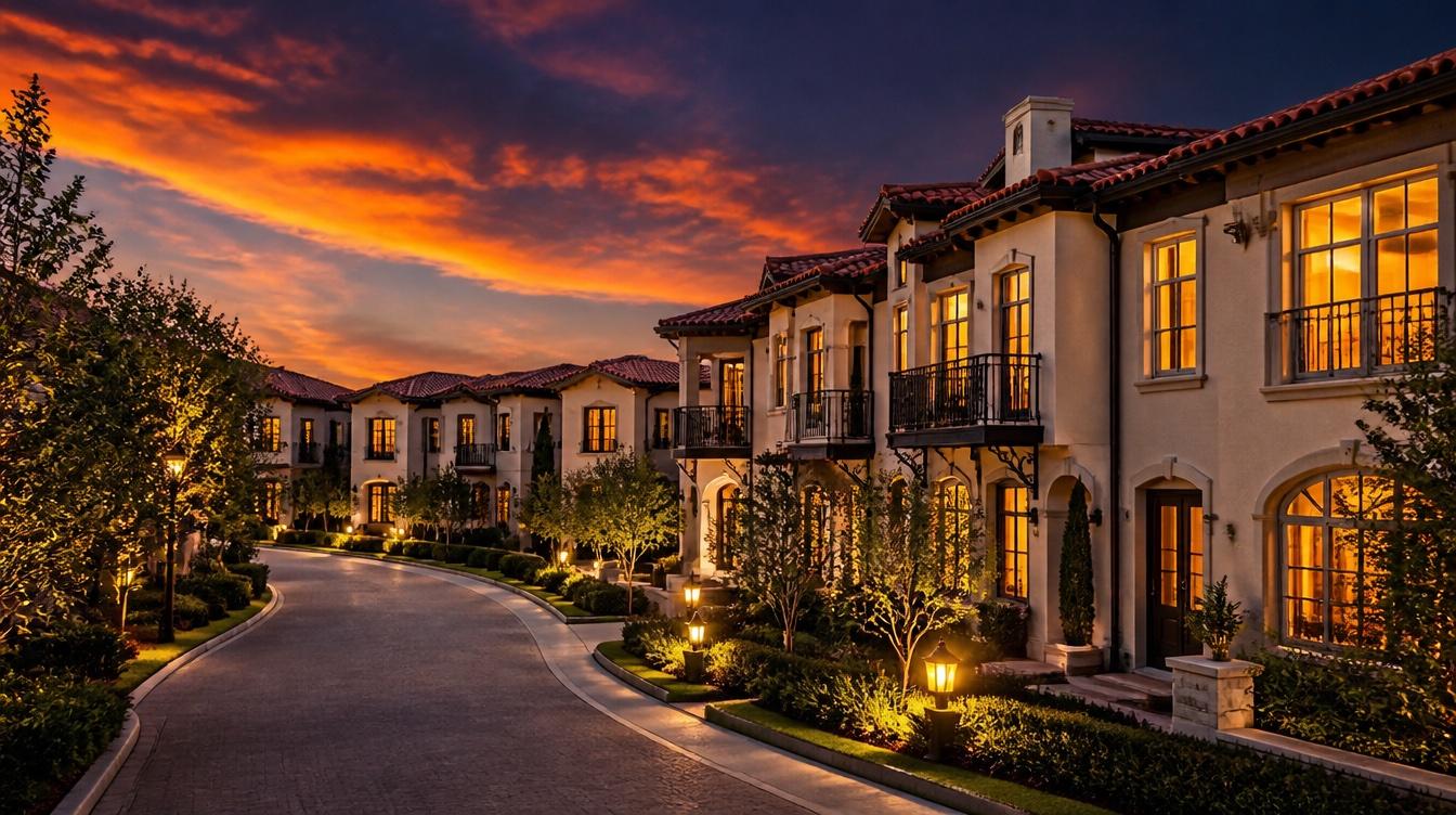 Mediterranean-style townhome community at dusk with warmly lit windows
