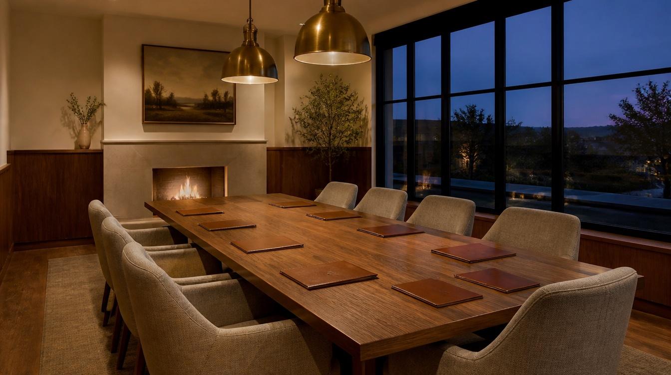 Warm community meeting room with a long wooden table