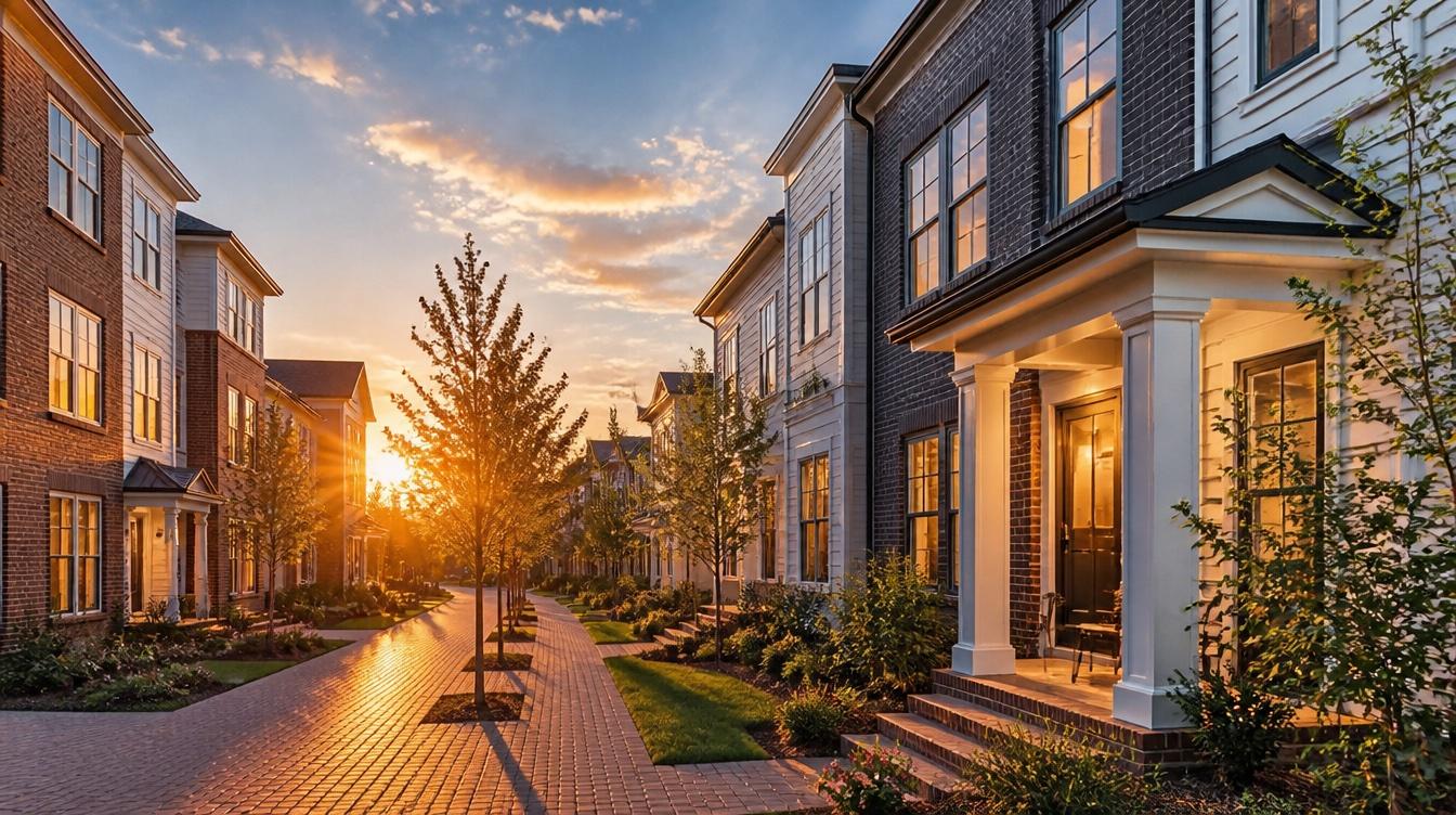 Street of modern townhomes at golden hour