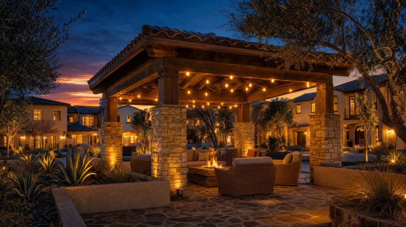 Shared townhome courtyard with string lights at golden hour