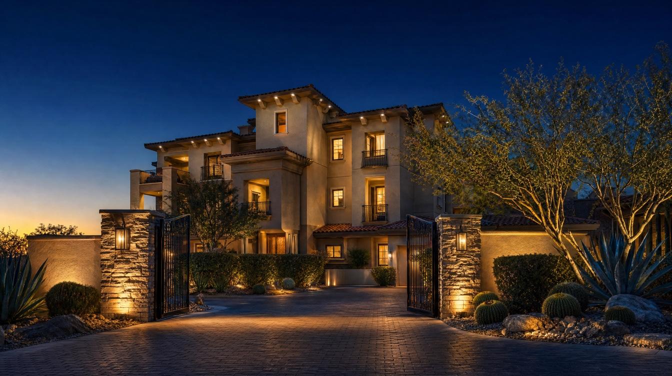 Well-kept condominium entrance with security lighting at blue hour