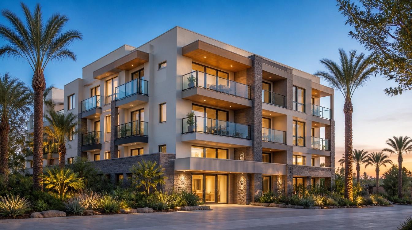 Modern mid-rise condominium building with landscaped courtyard