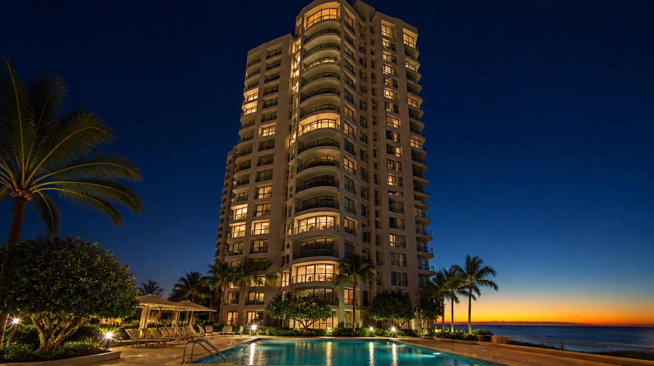Residential high-rise tower at dusk