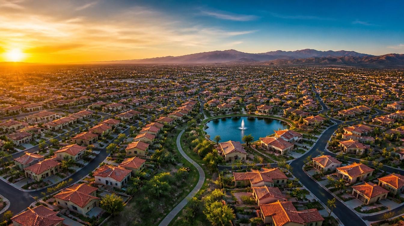 Aerial view of a master-planned community at sunset