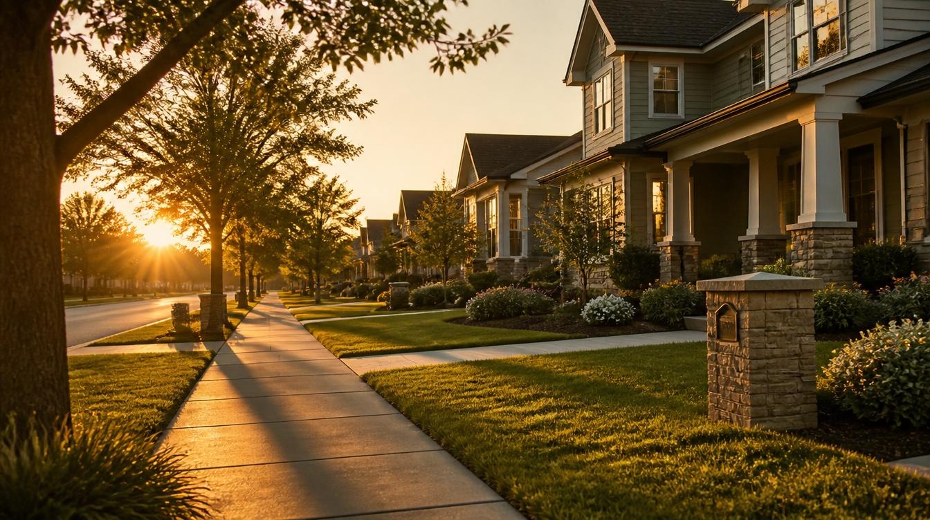 Tree-lined single-family neighborhood at golden hour