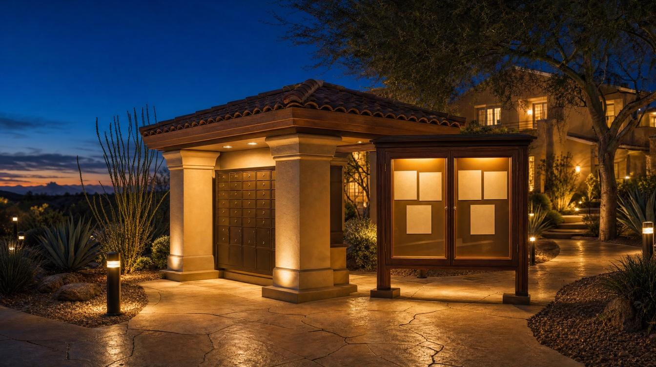 Community notice kiosk lit at dusk along a landscaped walkway