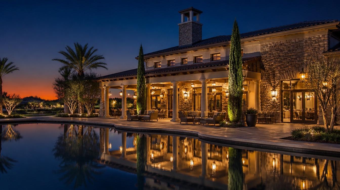 Community clubhouse reflected in a calm pool at dusk