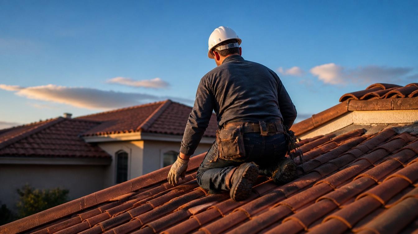 Roofing contractor inspecting terracotta tiles at sunset